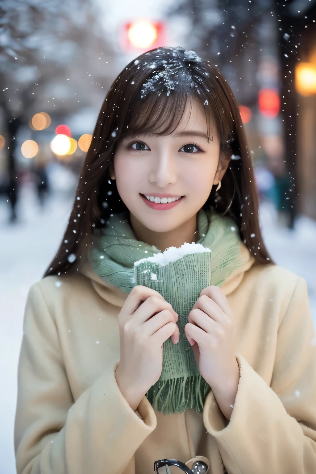 1girl in, (Beige coat, Green muffler:1.2), (Raw photo, Best Quality), (Realistic, Photorealsitic:1.4), masutepiece, Extremely delicate and beautiful, Extremely detailed, 2k wallpaper, amazing, finely detail, the Extremely Detailed CG Unity 8K Wallpapers, Ultra-detailed, hight resolution, Soft light, Beautiful detailed girl, extremely detailed eye and face, beautiful detailed nose, Beautiful detailed eyes, Cinematic lighting, Illuminations coloring the city on a snowy night, (Illumination of street trees covered with snow like frost-covered trees:1.4), Snowy landscape, It's snowing, snow fell in my hair, Diffuse reflection of light, α80mmF1.8, Perfect Anatomy, Slender body, Small, Smiling