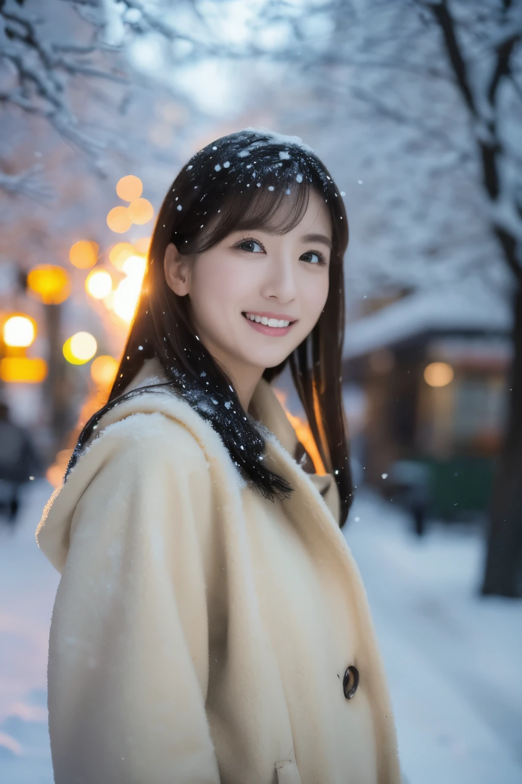 1girl in, (Beige coat, Green muffler:1.2), (Raw photo, Best Quality), (Realistic, Photorealsitic:1.4), masutepiece, Extremely delicate and beautiful, Extremely detailed, 2k wallpaper, amazing, finely detail, the Extremely Detailed CG Unity 8K Wallpapers, Ultra-detailed, hight resolution, Soft light, Beautiful detailed girl, extremely detailed eye and face, beautiful detailed nose, Beautiful detailed eyes, Cinematic lighting, Illuminations coloring the city on a snowy night, (Illumination of street trees covered with snow like frost-covered trees:1.4), Snowy landscape, It's snowing, snow fell in my hair, Diffuse reflection of light, α80mmF1.8, Perfect Anatomy, Slender body, Small, Smiling