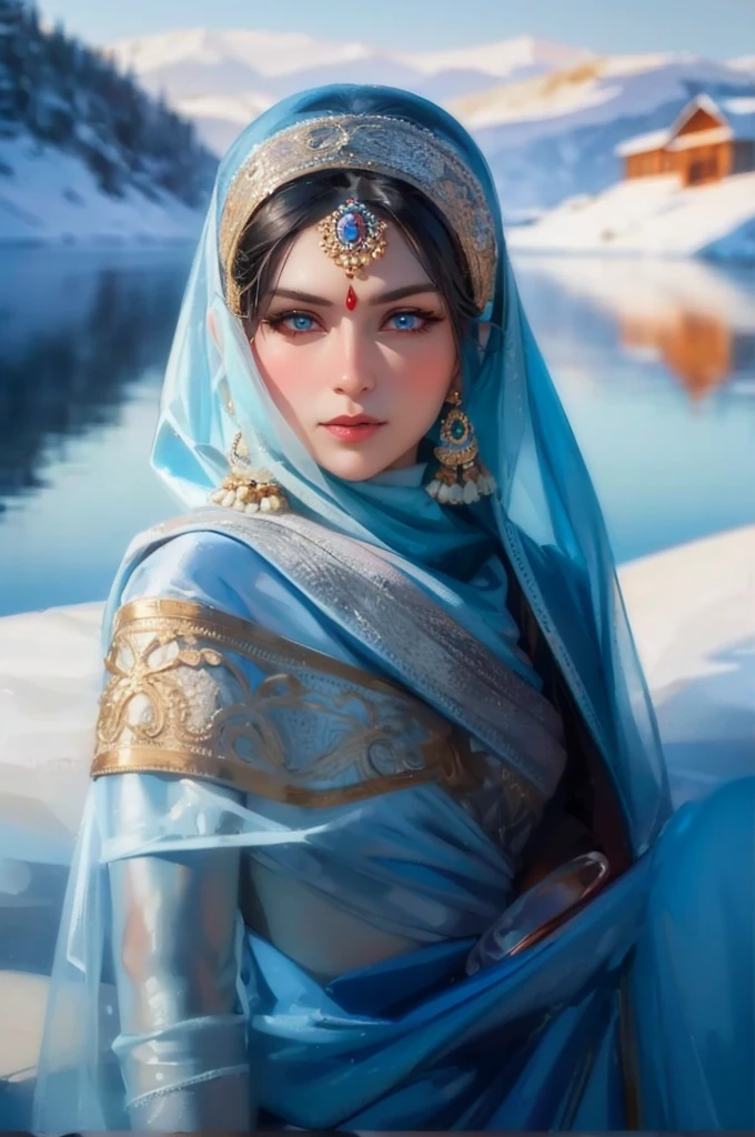 Craft an portrait art of a captivating Russian Hindu woman in a saree, surrounded by the frozen landscapes of Lake Baikal in winter. ((Blue eyes)). Play with the reflection of icy surfaces and the woman's warmth to create a mesmerizing visual contrast.