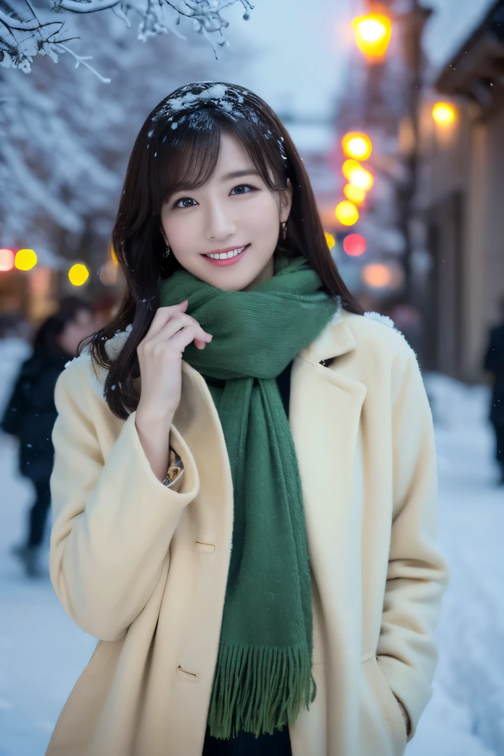 1girl in, (Beige coat, Green muffler:1.2), (Raw photo, Best Quality), (Realistic, Photorealsitic:1.4), masutepiece, Extremely delicate and beautiful, Extremely detailed, 2k wallpaper, amazing, finely detail, the Extremely Detailed CG Unity 8K Wallpapers, Ultra-detailed, hight resolution, Soft light, Beautiful detailed girl, extremely detailed eye and face, beautiful detailed nose, Beautiful detailed eyes, Cinematic lighting, Illuminations coloring the city on a snowy night, (Illumination of street trees covered with snow like frost-covered trees:1.4), Snowy landscape, It's snowing, snow fell in my hair, Diffuse reflection of light, α80mmF1.8, Perfect Anatomy, Slender body, Small, Smiling