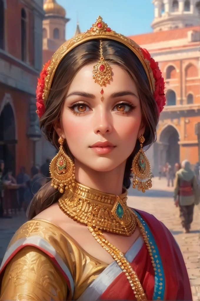 创作一幅身着传统纱丽的美丽的俄罗斯印度妇女的肖像画, 探索古老的金环城市. ((橙色眼睛)). 鹅卵石街道体现历史文化精髓, 中世纪建筑, 以及女人永恒的美丽.
