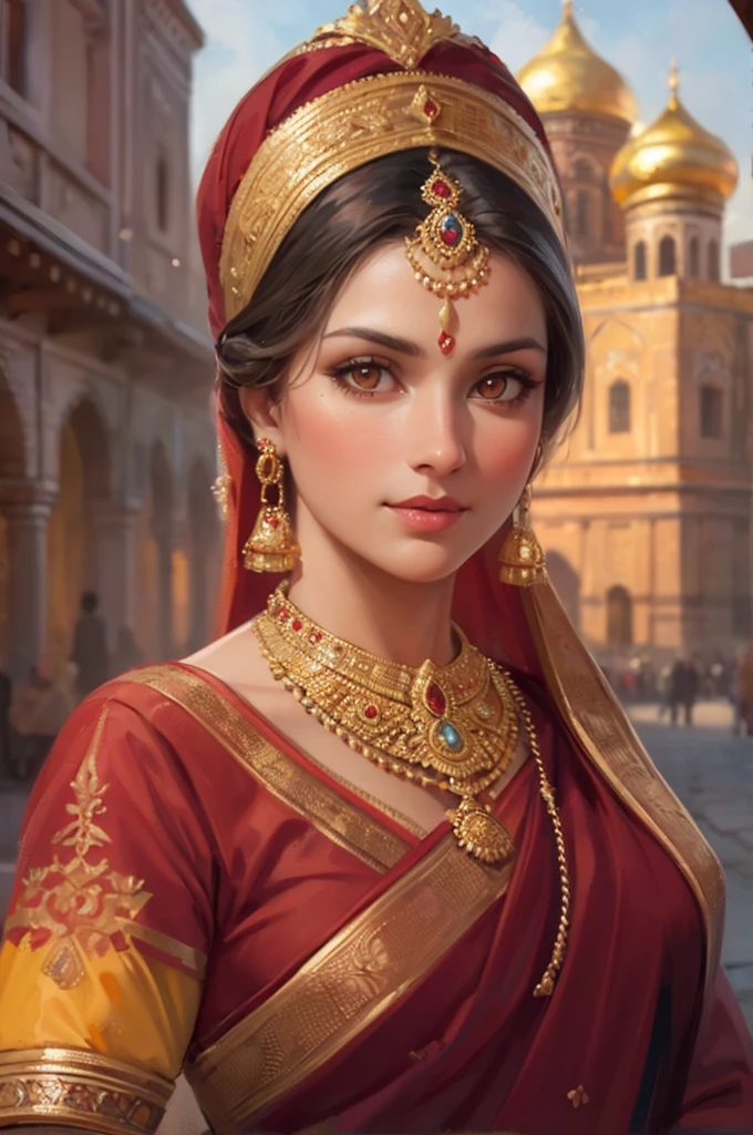 创作一幅身着传统纱丽的美丽的俄罗斯印度妇女的肖像画, 探索古老的金环城市. ((橙色眼睛)), (小微笑). 鹅卵石街道体现历史文化精髓, 中世纪建筑, 以及女人永恒的美丽.