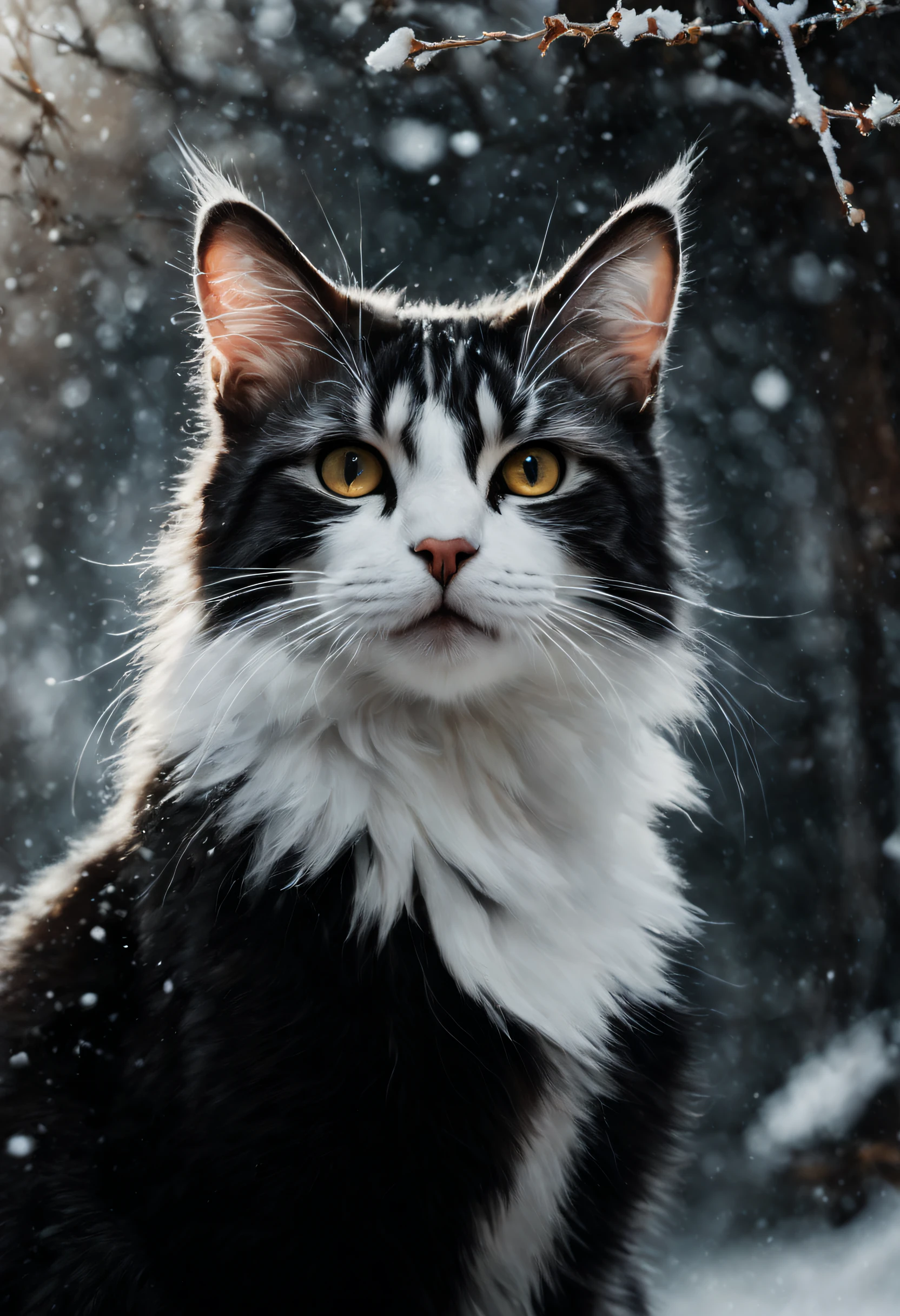 mj, RTX, 4k, HDR, Anna Razumovskaya, Casey Baugh, Antonio Mora, Aminola Rezai, Giovanni Boldini, art, realistic art. cat, first snow, flakes, partial snow cover, film still, breathtaking, falling leaves, melancholic mood, nature's farewell in the rustling of gusts of wind, photorealism, film grain, film still, bokeh, intricate detail, perfect composition, beautiful detailed complexity Insanely Detailed Octane Rendering, 4k Fine Art Photography, Photorealistic Concept Art, Soft Natural Volume Cinematic Perfect Light, Chiaroscuro, Award Winning Photography, Masterpiece, Oil on Canvas,