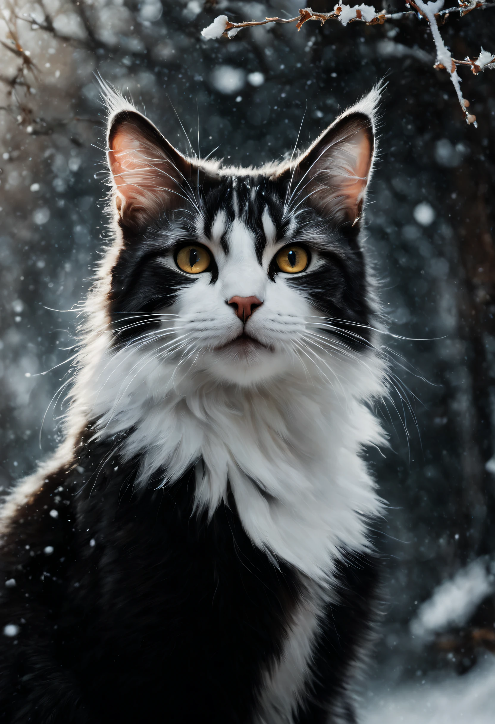 mj, RTX, 4K, HDR, Anna Razumovskaia, Casey Baugh, Antonio Mora, Aminola Rezai, Giovanni Boldini, arte, arte realistae. Gato, Primeira neve, flocos, parteial snow cover, filme ainda, Tirar o fôlego, Folhas que caem, humor melancólico, a despedida da natureza no farfalhar das rajadas de vento, fotorrealismo, grão de filme, filme ainda, Bokeh, intriGatoe detail, composição perfeita, bela complexidade detalhada Renderização de octanas incrivelmente detalhada, 4K Fine Art Photography, arte conceitual fotorrealista, luz perfeita cinematográfica de volume natural suave, claro-escuro, fotografia premiada, obra de arte, óleo sobre tela,