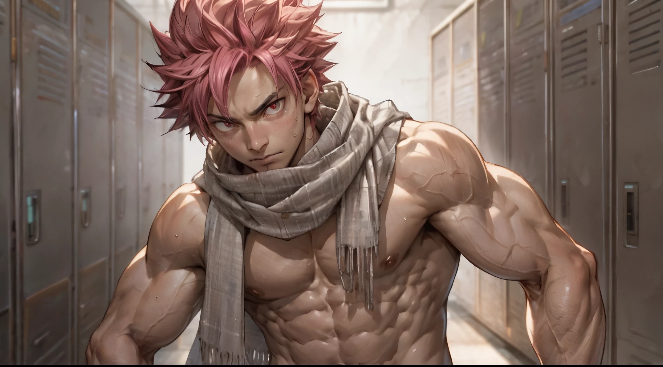 obra de arte, best quality olhos vermelhos, jogo cg, 1 menino homem adulto, rosto adulto robusto, Sozinho, foco masculino, Olhando para o visualizador, tronco, Natsu Dragneel natsu_dragneel, cabelo rosa, olhos vermelhos, shirtless nu, músculo tonificado, peitorais, 8 abdominais, pernas tonificadas, nu, ligeiramente abaulado, Vestiário, detalhado, Iluminação dinâmica, bem iluminado, ((Lenço Branco ))