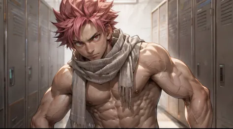 masterpiece, best quality red eyes, game cg, 1boy adult man, rugged adult face, solo, male focus, looking at viewer, upper body, Natsu Dragneel natsu_dragneel, pink hair, red eyes, shirtless naked, toned muscle, pectorals, 8 abs, toned legs, naked, slightl...