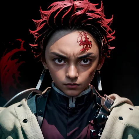 a boy, Tanjiro Kamado (( Demons SLayer)), wearing Demons Slayer uniform, red eyes, mix hair color,, pointy nose , looking direct...