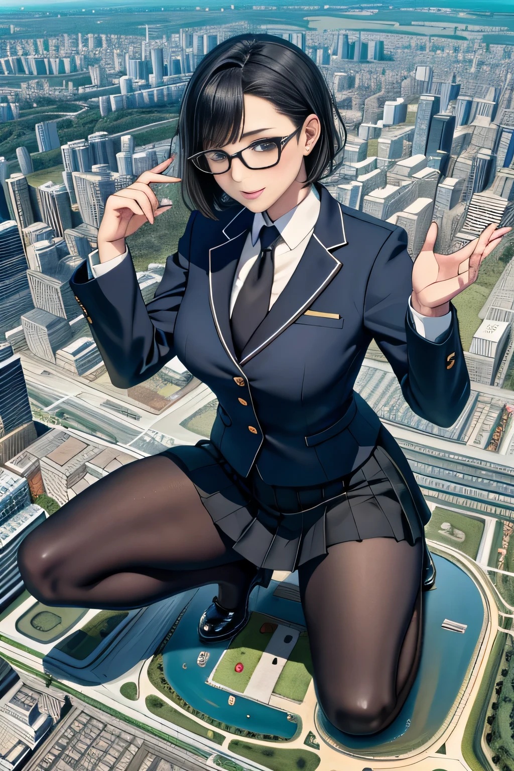 giantess art, a hyperrealistic schoolgirl, 非常に詳細なder rieseショット, der riese, Shorthair, Black pantyhose, a huge high school girl、&#39;It&#39;s much bigger than a skyscraper, Wearing rimless glasses, Colossal tits, Navy blue blazer, Red tie, Mini Length Skirt, Black pantyhose, I'm not wearing shoes., very small metropolis, miniature metropolis, 足元までの高さしかないminiature metropolisで、squatting and urinating, The city is a sea of urine, tsunami of urine, Small trains and cars are washed away with urine., Full body depiction, nffsw, Giga Giants, Black pantyhose, Pantyhose legs, Pantyhose feet, ,Stomping City,crash city,Small town,micro city, Peeing,