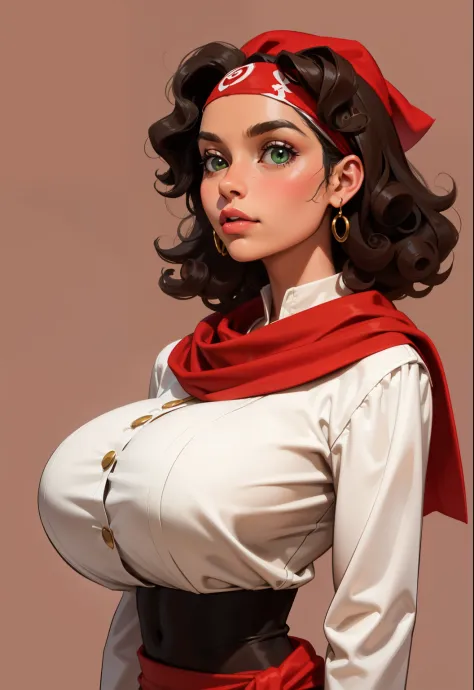 uma menina pirates wearring realistic pirates cloths,30 years old, latina face looking up, ((curly hair)) , ((gigantic breasts))...