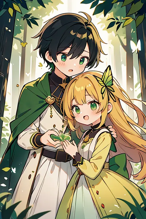 masterpiece, best-quality, cute anime boy and girl, girl golden hair, green dress, dark green cape, boy has black hair, loving, ...