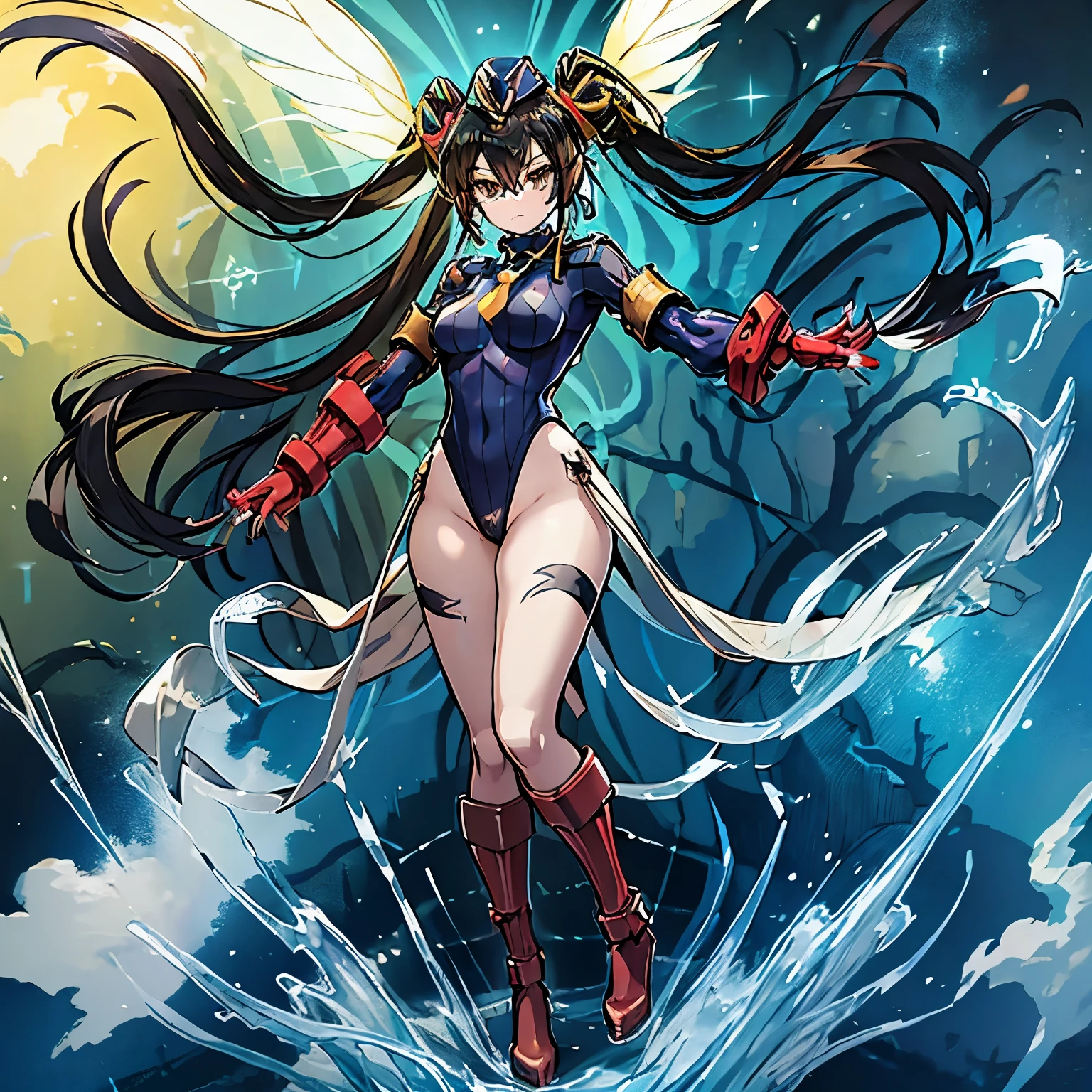 ultra-detailed, Explicit, Beautiful body, Beautiful Nose, Beautiful character design, perfect eyes, perfect face, ultra highres, 4K, beautiful legs, perfect legs, perfect anatomy, Nice hands, Perfect hand, Masterpiece, Best Quality, Highly detailed, illustration, absurdres, street fighter, doll suit, shadaloo doll, dollsuit, girls, multiple girls, expressionless, blank eyes, looking at viewer, red gloves, emotionless, black latex, corrution, mind control, female combatant, full body, hypnotized, unhappy trance, full body suit, ribbed bodysuit, both arms at side, obey, perfect female body, extremely glossy latex, hypnosis, hypnoLora, empty eyes, Mind control device, poses, submissive_pose, Slave, hat, necktie, stand up straight, standing, standing at attention, hat, necktie, belt, latex, ribbed bodysuit, thighhighs, garter belt, Fighting Stance, military, thigh boots, Black hair, twin tails, very long hair, yellow eyes, Ohime the Manifested Mikanko, yu-Gi-Oh！