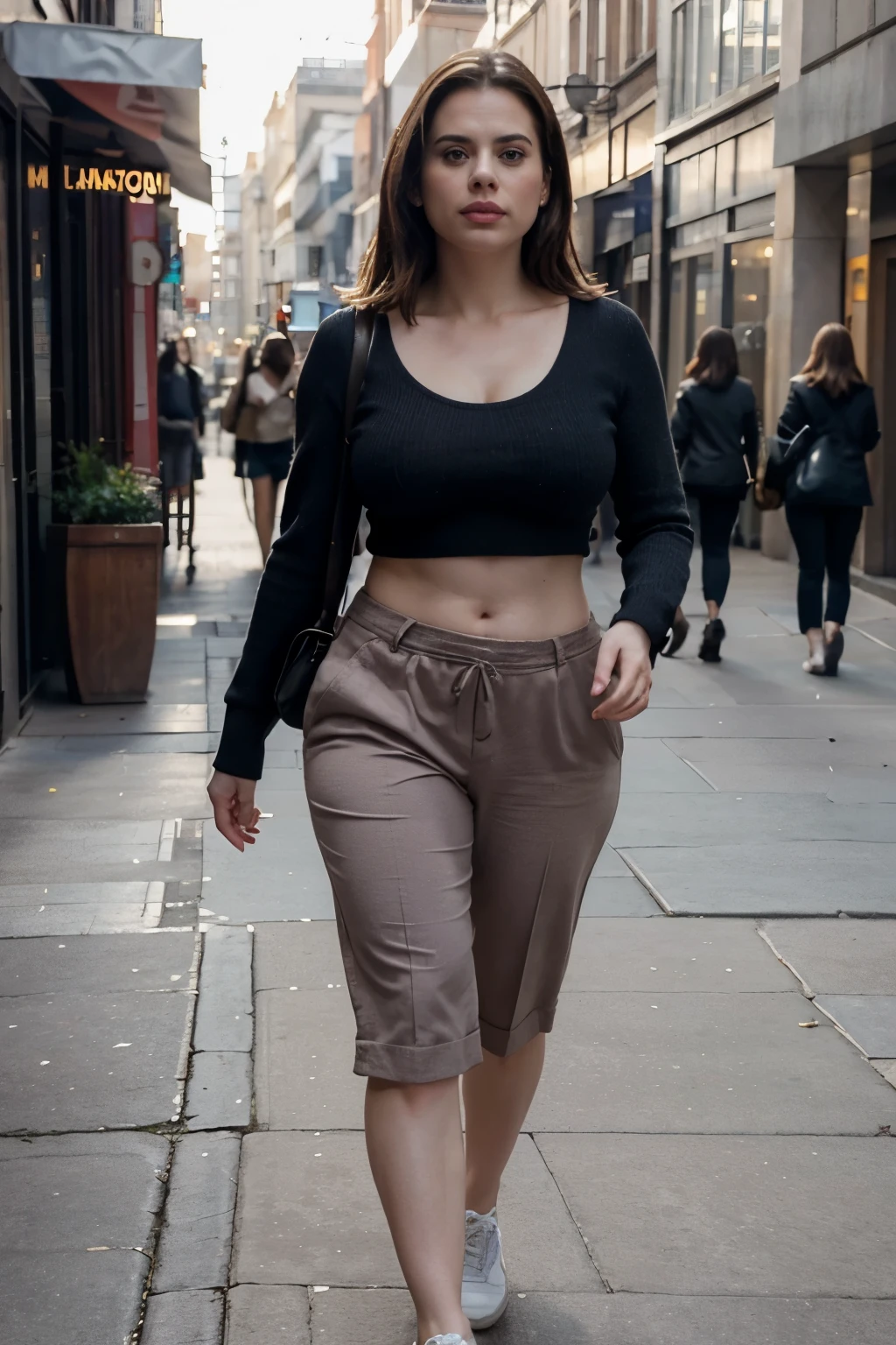 Araffe woman walking down a city street in a cropped top - SeaArt AI