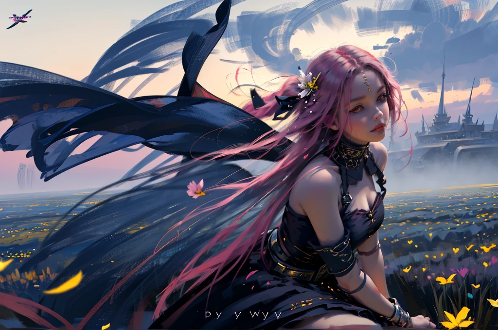 "(best quality,ultra-detailed),1girl,pink hair,beautiful detailed eyes,beautiful detailed lips,smile,(intricate skirt:1.1),flying petal,flowery meadow,cloudy sky,moonlight,night,(dark theme:1.3),fantasy(Speed Paint)"