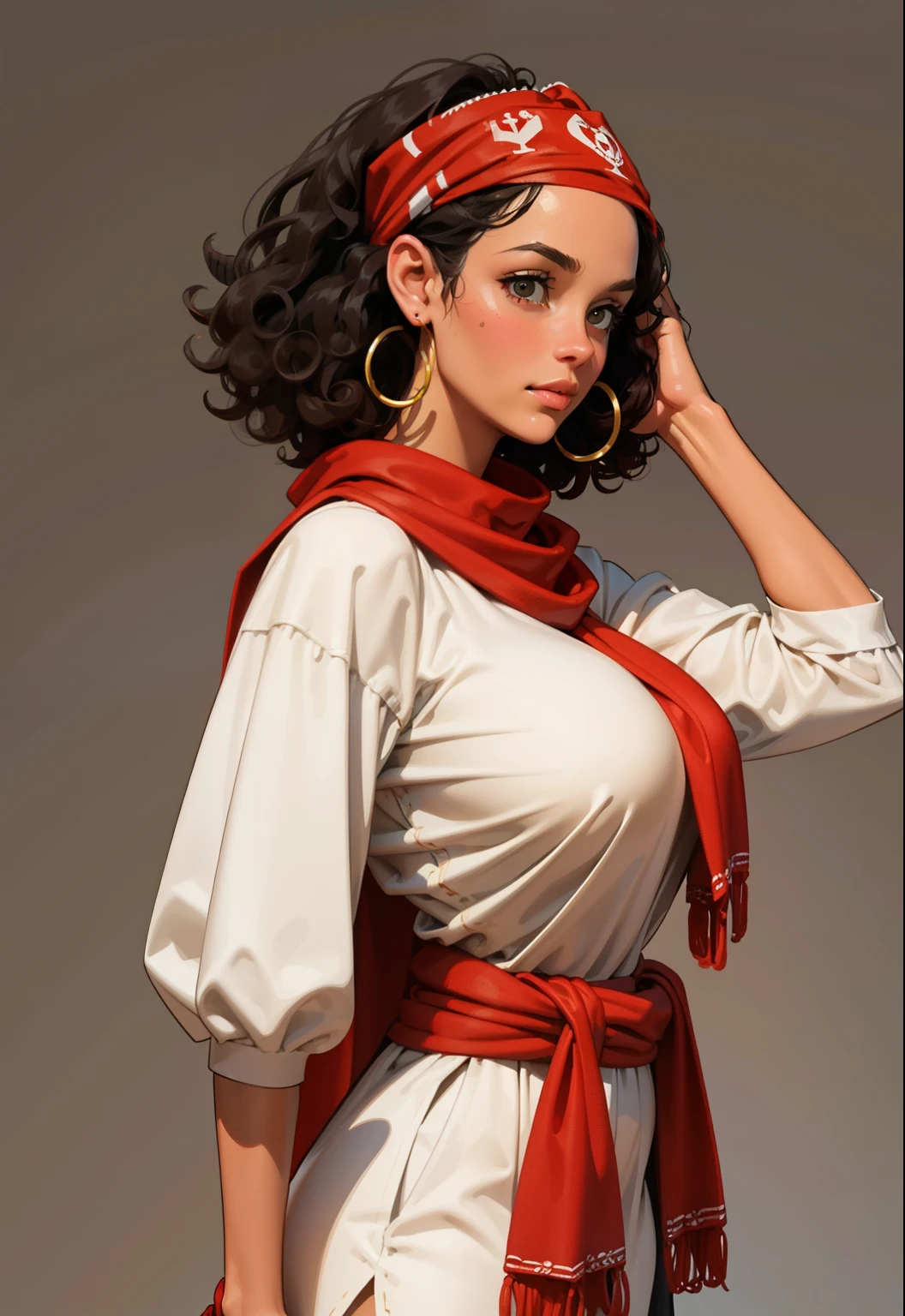 uma menina pirates wearring realistic pirates cloths,30 years old, latina face looking up, ((curly hair)) , ((gigantic breasts)), (gypsy), brown skin, mature, short hair, Stand up, maquiagem, Lips are soft or colored,  light, uncontrasted,  flat wallpaper background, silhuetas simples, lineart, minimalist, green eyes, ((red bandana on forehead))