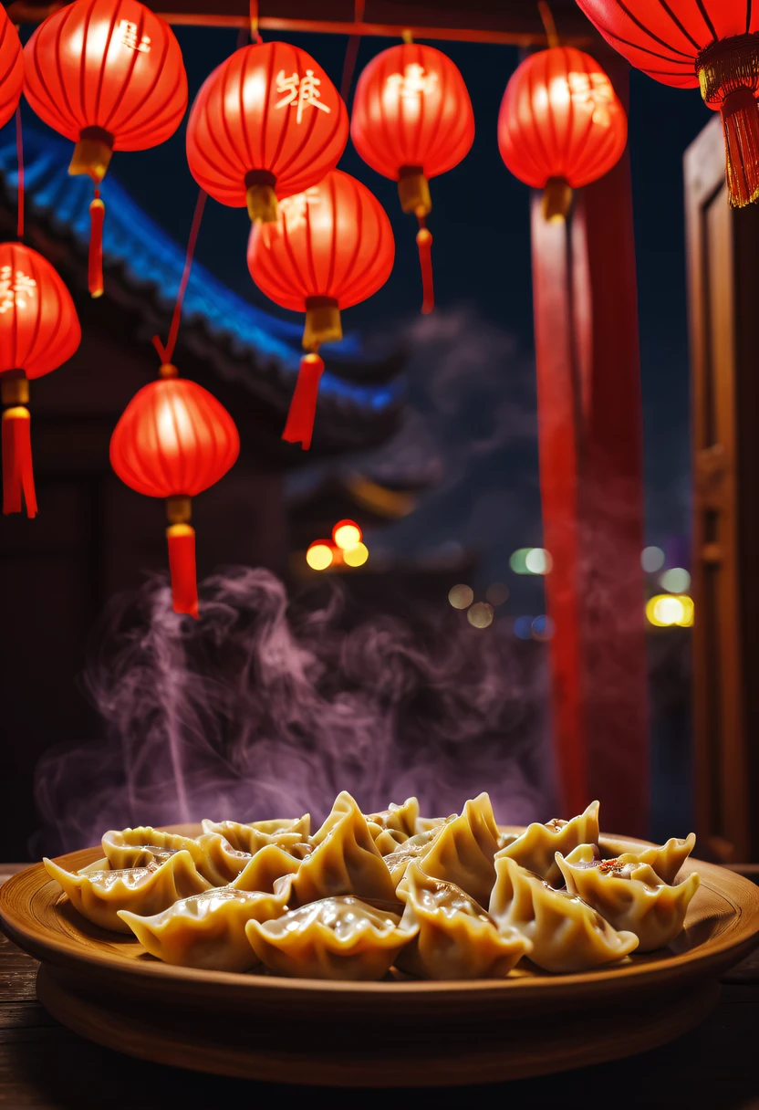 (Best quality,A high resolution:1.2),(Chinese dumplings:1.5), Dumplings,A plate of dumplings，Half moon dumplings,Chinese New Year Festival, a vibrant one atmosphere, joyful celebration, traditional customs, (delicious, smacking lips, Tasteful) Dumplings, a plate of Dumplings, different shapes of Dumplings, festive decorations, Red lanterns hanging, (Colorful, a vibrant one) Fireworks light up the sky, Family reunification, (Excited, cheerful的) Children are playing with firecrackers, (meticuloso, traditional) Dragon and lion dance, (auspicious, Red) Couplets on the door, (traditional, culture) performance grab, vivaciousness) temple fair, (Pleasant, festive) Music and dance, (The warm, comfortably) winter atmosphere, (traditional, get used to it) Sacrifice to ancestors, (和and harmony, and harmony, (auspicious, lucky) Red envelopeeautifully lit, illuminated) Streets and buildings, (traditional, gorgeous one) Chinese-style clothes, (Colorful, a vibrant one) culture displayestive, cheerful) atmosphere, (幸good fortune, good fortune) spread everywhere.