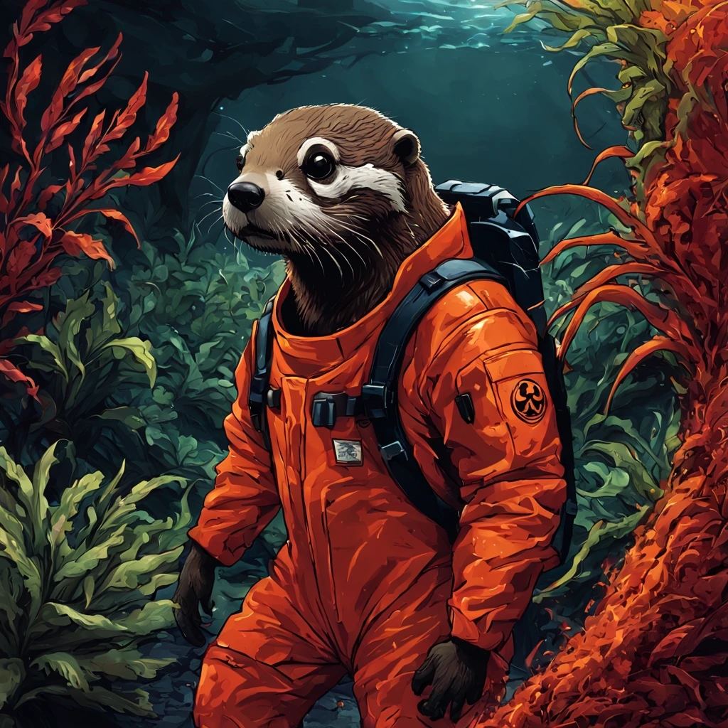 frère, Loutre dans une combinaison de protection biologique orange-rouge vif, rôdant autour d&#39;une zone toxique pleine de plantes mutantes