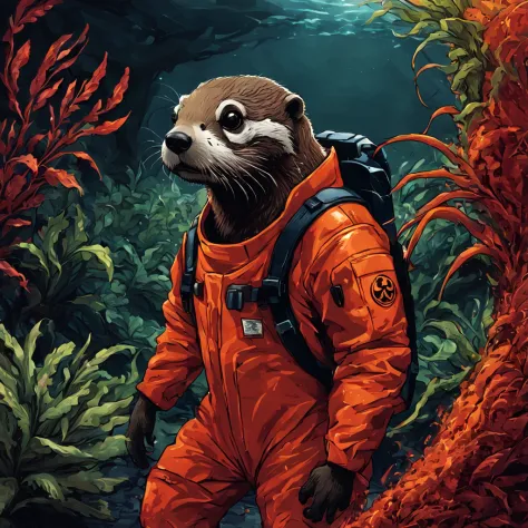 brho, Otter in a bright orange-red biohazard suit, lurking around a toxic zone full of mutated plants