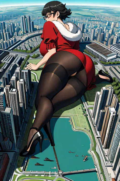 Bird View, der riese art, 非常に詳細なder rieseショット, der riese, Shorthair, Giant woman bigger than a skyscraper, Wearing rimless glasses, Colossal tits, Big ass, Red Santa Dresses, Black pantyhose, Her shoes are high heels and stiletto red sandals., very small m...