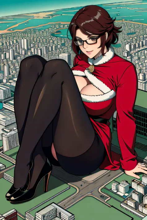 Bird View, der riese art, 非常に詳細なder rieseショット, der riese, Shorthair, Giant woman bigger than a skyscraper, Wearing rimless glasses, Colossal tits, Big ass, Red Santa Dresses, Black pantyhose, Her shoes are high heels and stiletto red sandals., very small m...
