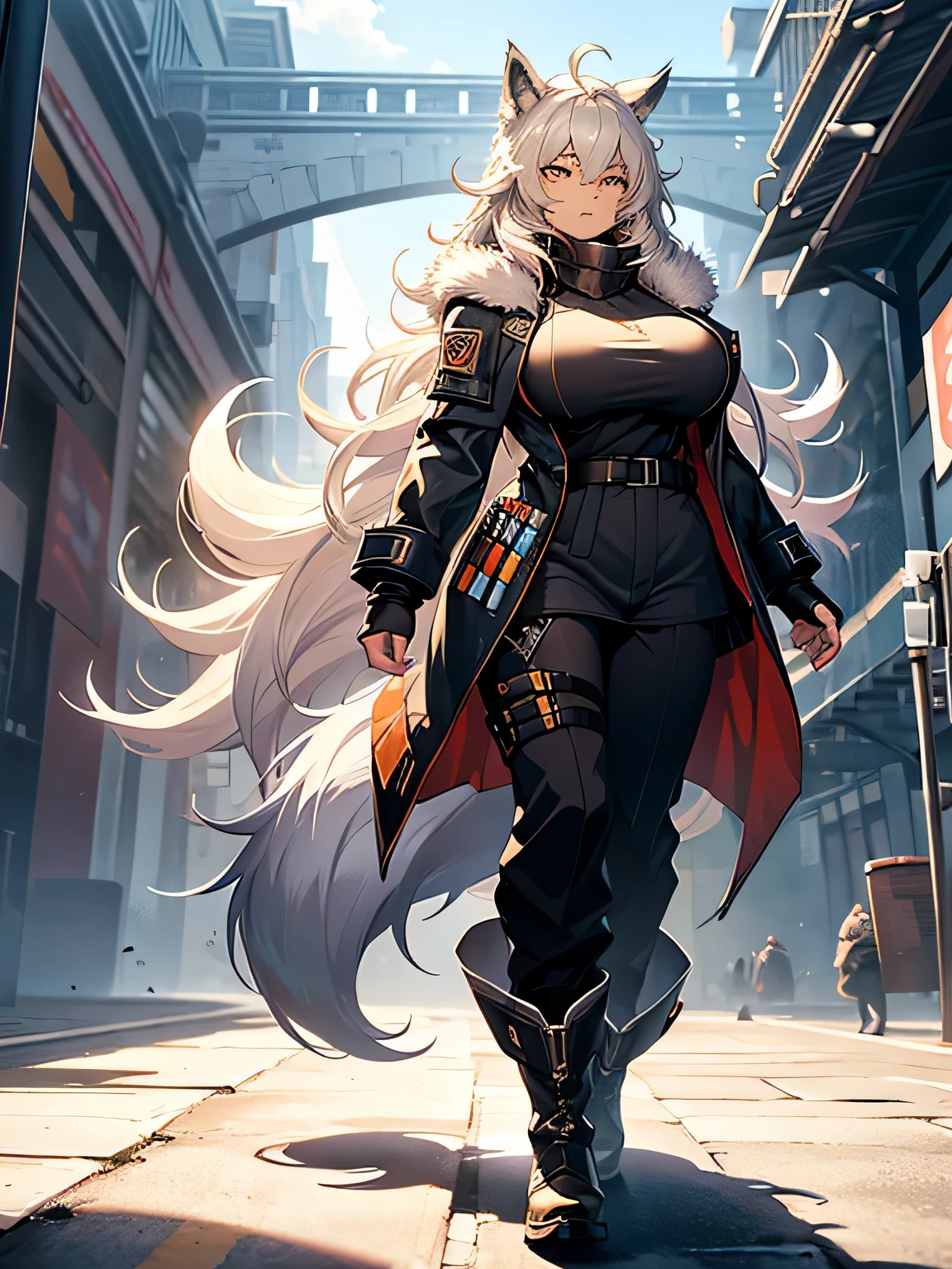 (Best Quality, masutepiece:1.2), Backlit lighting, highly detailed back ground,,de pele branca, Massive, muscular girl, Kaiju, aggressive, Proud,long, wavy white hair,Long dark blue coat,very very gigantic boobs,muffler,Wolf Girl,Golden decoration,big tail,trouser,Big animal ears,huge sword,long boots,Warm clothing,Clothes that are large in size,No skin exposure,Fluffy,venusbody,arknights,angry,