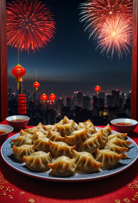 A plate of crescent-shaped dumplings on the table,Fireworks outside the window light up the sky,Chinese New Year Festival, (auspicious, Red),(traditional, culture),(Pleasant, festive),Octagonal rendering, enhancer, iintricate, (tmasterpiece, Representative...