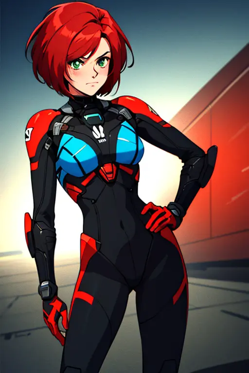 masterpiece, best quality, 1990s_\(style\), retro anime, 1girl, cowboy shot, jane shepard, femshep, short hair, red hair, green ...