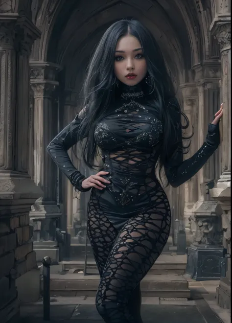 The most beautiful black girl in the world, long black hair, medium breasts, hips, form fitting clothing, pantyhose, dark castle background, gothic theme, gothic clothing