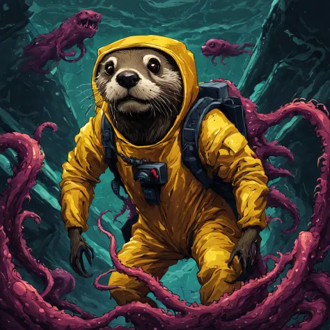 otter in a yellow anti radiation suit, lurking around in zone full of radiation and mutated tentacles