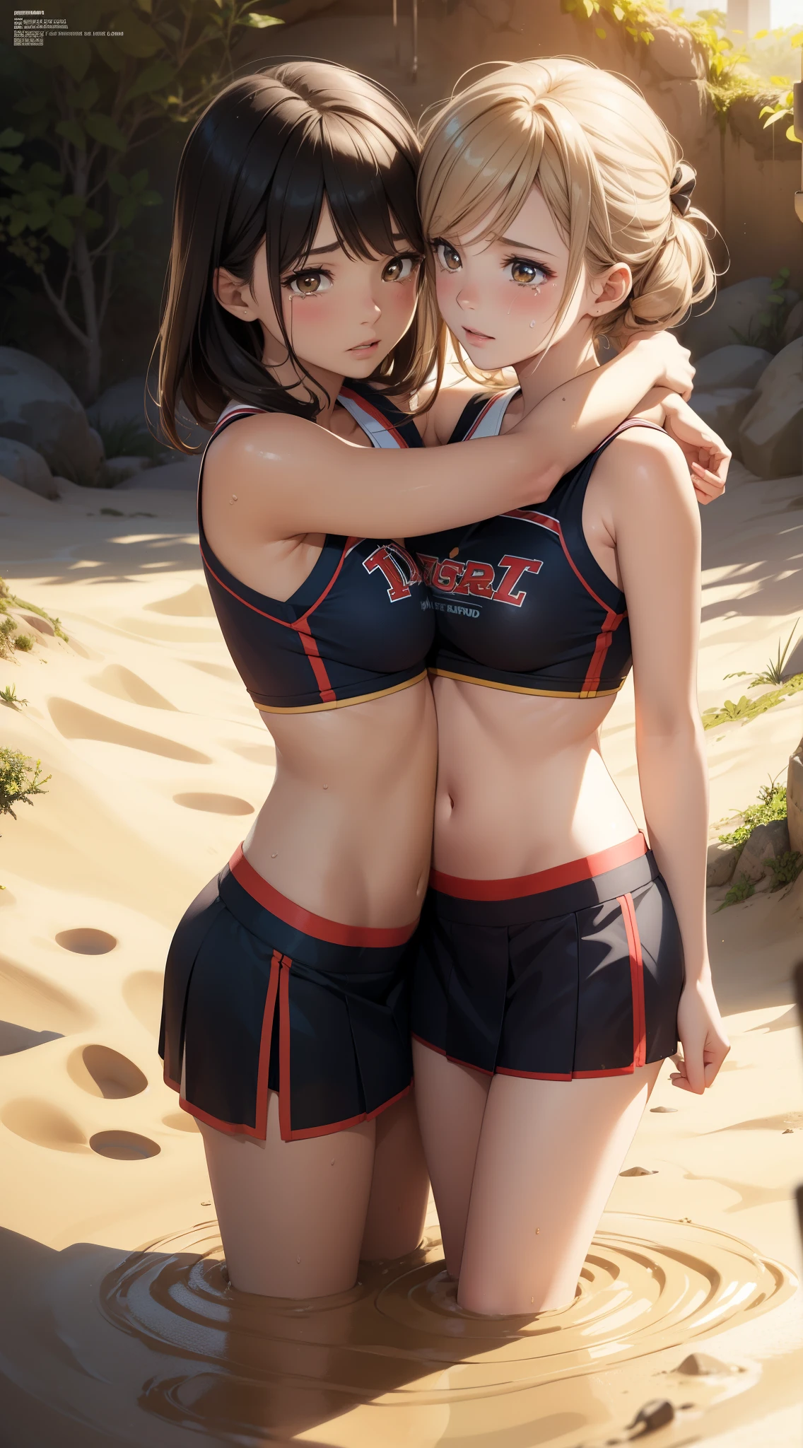 2girls, multiple girls, natural lighting, masterpiece, highly detailed, illustration, game CG, absurdres, high quality, hug, glossy lips, looking at viewer, cheerleader, midriff, (crying), (quicksand:1.4)