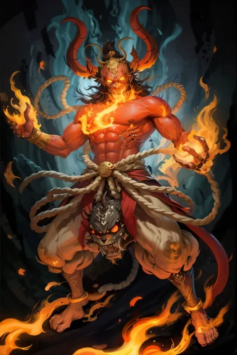 Drawing of a demon with fire in his hand, Fire Devil, Humanoid balrog muscle, djinn man demon man, djinn man hybrid demon man, asura from chinese myth, ne zha from smite, narasimha, berserker, sun wukong, demon samurai, demon samurai warrior, fire