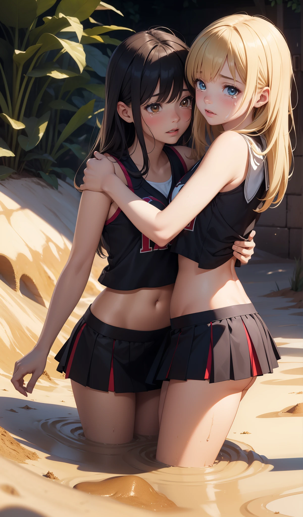 2girls, multiple girls, natural lighting, masterpiece, highly detailed, illustration, game CG, absurdres, high quality, hug, glossy lips, looking at viewer, cheerleader, midriff, (crying:1.2), (quicksand:1.4)