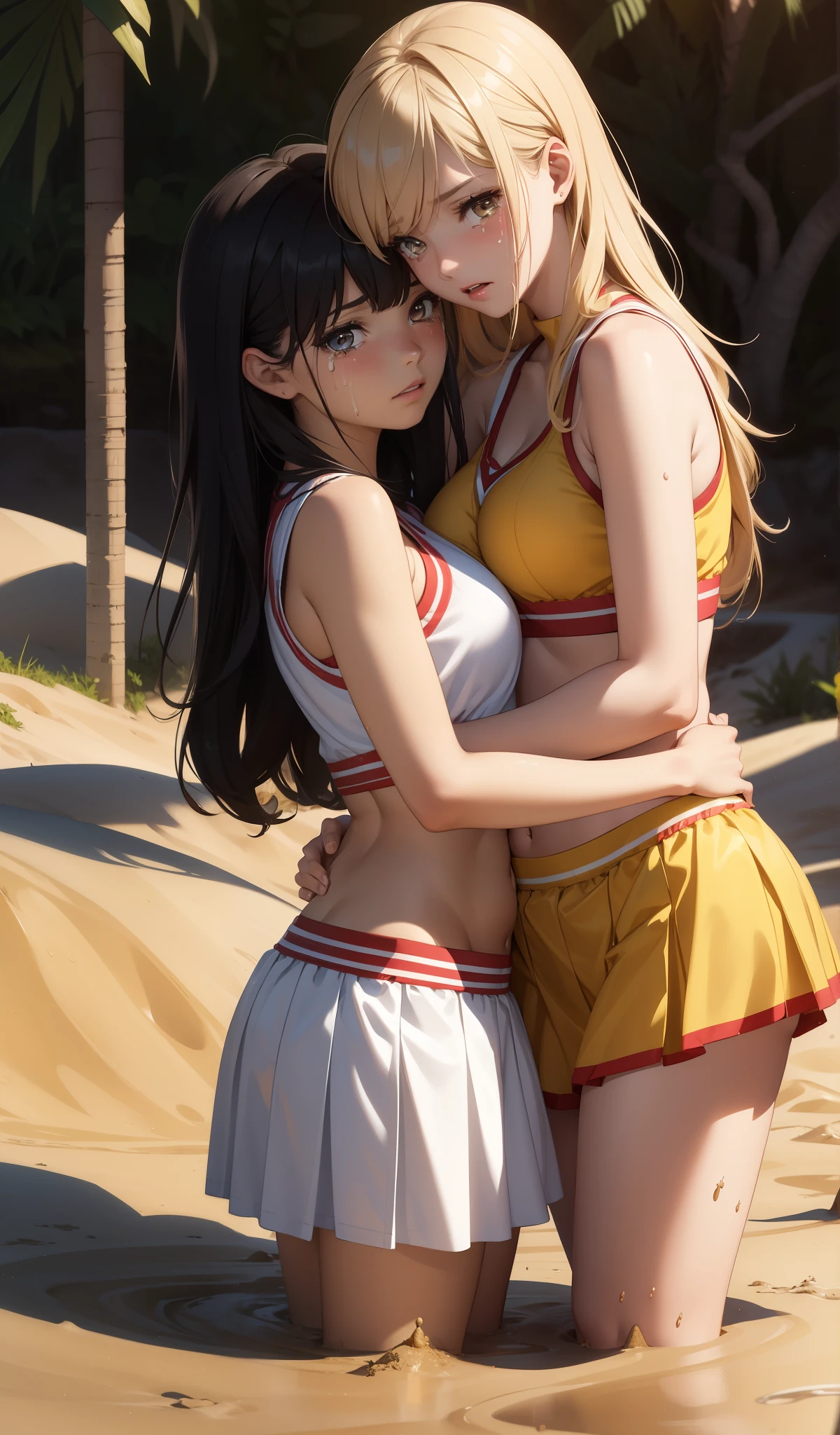 2girls, multiple girls, natural lighting, masterpiece, highly detailed, illustration, game CG, absurdres, high quality, hug, glossy lips, looking at viewer, cheerleader, midriff, (crying:1.2), (quicksand:1.4)