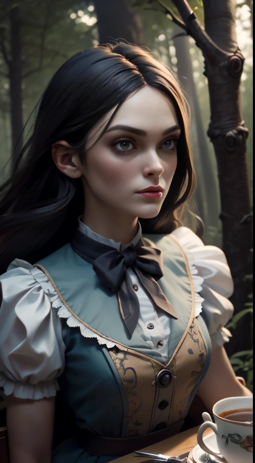 photo of Keira Knightley, RAW, beautiful woman, ((portrait)), ((detailed face:1.2)), ((detailed facial feature, detailed skin, clear skin), (perfect proportioned body), ((wearing American McGee's Alice in Wonderland outfit, surrounded by knifes)), sitting for tea, (high detailed giant mystical forest), (arms behind back: 1.2), (realistic photo, best quality, detailed), (8k wallpaper), (cinematic lighting, dramatic lighting) (sharp focus, intricate)