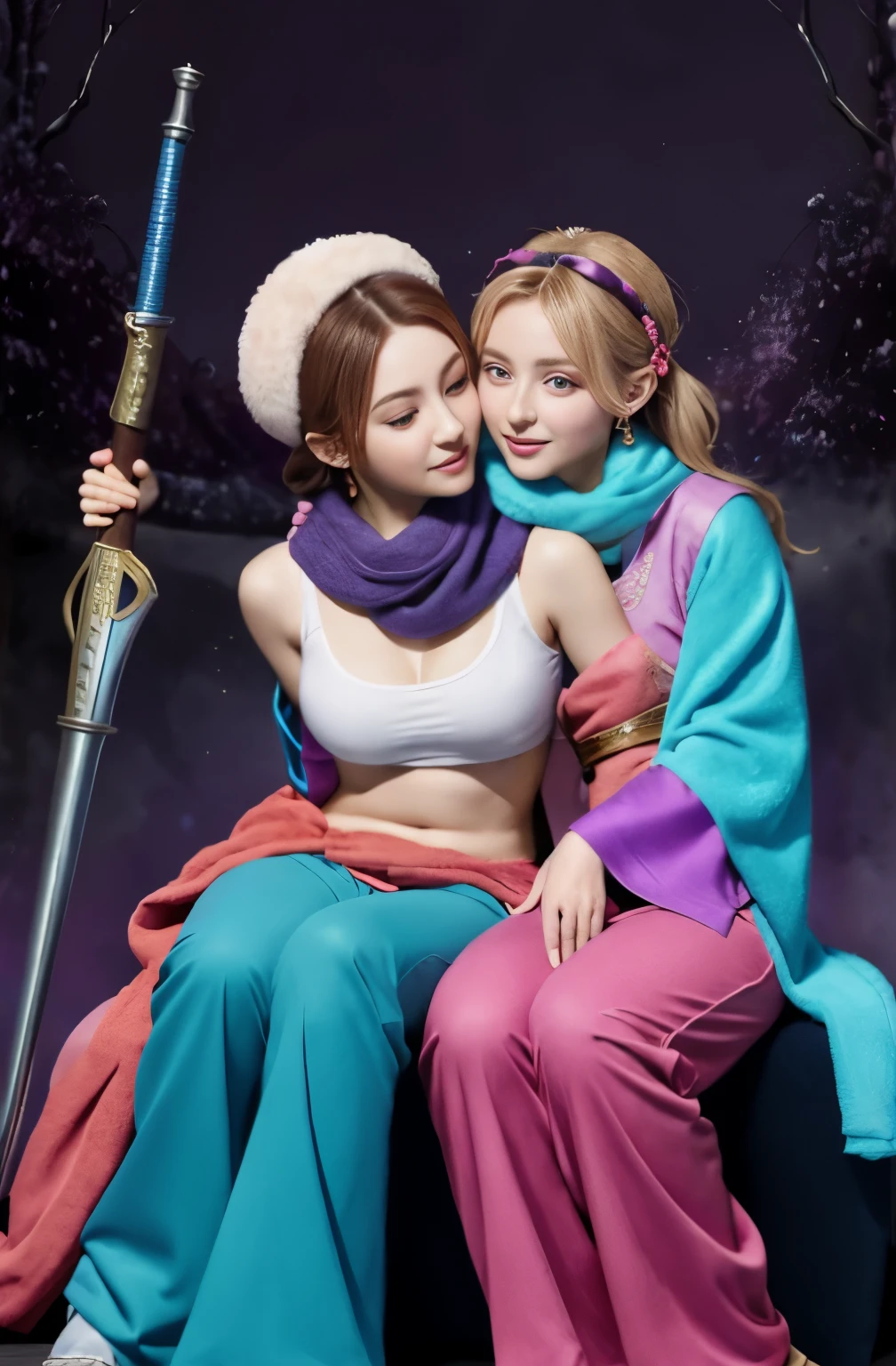 two female oen soldiers with colorful robes, sitting,dynamic pose,big eyes,trousers, vests, scarves, and headgear,magical wonderland,fantastic background, along with traditional Ottoman armor and weapons. there have just two soldiers and they are looking streight,touch each other, Tease a friend's belly, Tease a friend's buttocks, Blushing friend, Biting a friend's earlobe, Hug each other from behind, Touch your friend's breast from below,magical world,fantastic world