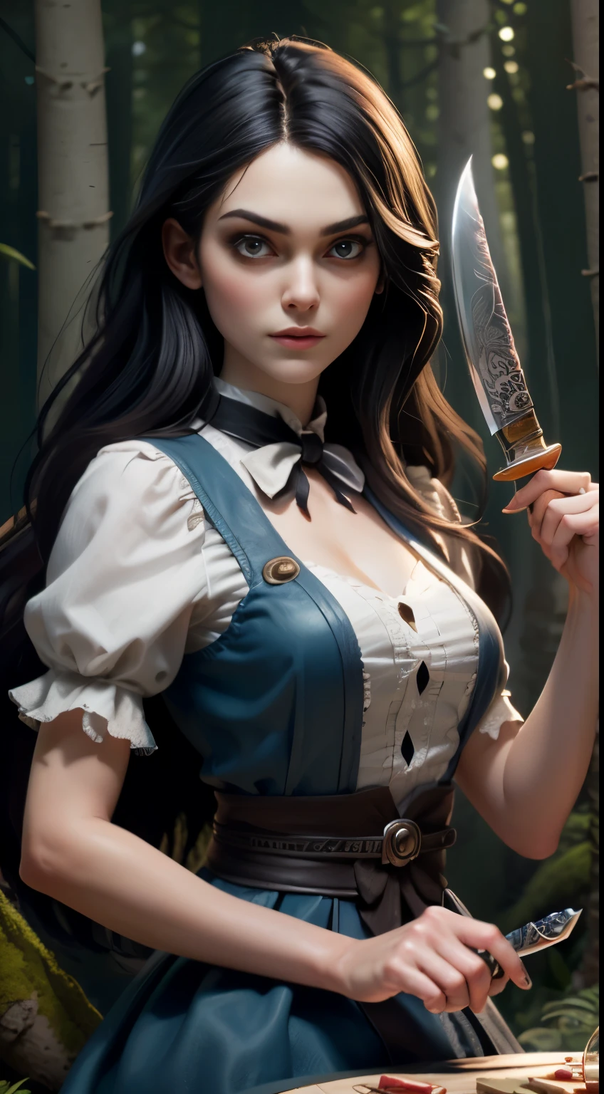 photo of Keira Knightley, RAW, beautiful woman, ((portrait)), ((detailed face:1.2)), ((detailed facial feature, detailed skin, clear skin), (perfect proportioned body), ((wearing American McGee's Alice in Wonderland outfit)),  (holding a large knife:1.6), sitting for tea, (high detailed giant mystical forest), (arms behind back: 1.2), (realistic photo, best quality, detailed), (8k wallpaper), (cinematic lighting, dramatic lighting) (sharp focus, intricate)