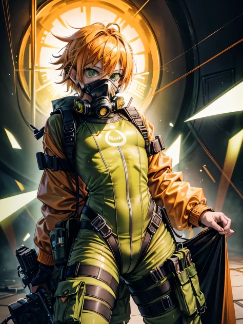 1_person,genderless,(orange_punk_rock_hair),lime_green_eyes,wearing gas mask with breathing tubes,black utility_belt,knee_pads,h...