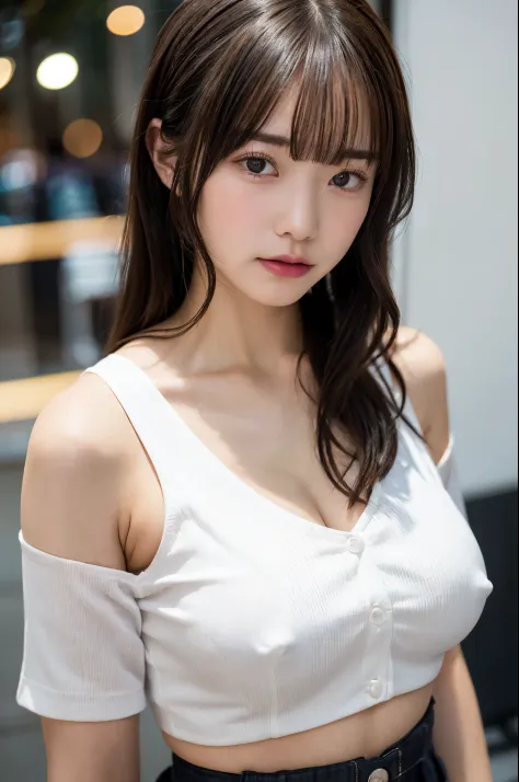 vests、​masterpiece、An ultra-high picture quality、realisitic、girl、(Beauty Face 1.4 Otome)、(mediummilk、Constriction waist)、Bokeh、micron、glowy skin、headw、Beautiful collarbone、Pose Seductive、White crop top shirt、off shoulders、((爆乳))