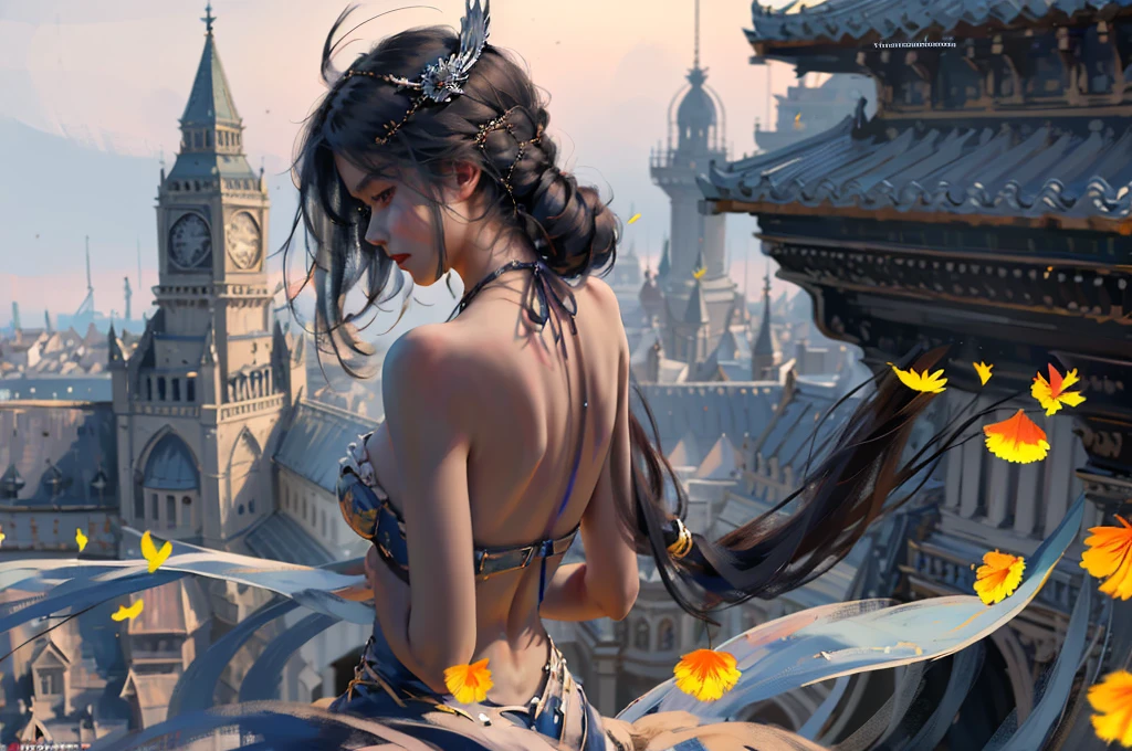 ((masterpiece)), ((best quality)), 8k, high detailed, ultra-detailed, A girl standing on the rooftop overlooking the city, rooftops, buildings, streets, city lights.(​masterpiece、top-quality、top-quality、Detailed and complex、Official art、Beautifully Aesthetic:1.3)、(1girl in:1.3)、(Fractal Art:1.3)、colourfull、Vivid、Victorian costume, see through, , best quality,ultra high res,, floating flowers, floating hairs, (shining), best lighting, best shadow, Crepuscular rays, foggy, ((rim light)),, pastel color, warm light,The overall effect is one of timeless elegance and grace,long hair,r hair waist length Super realistic well detailed, masterpiece, best quality, {best quality}, {{masterpiece}}, {highres}, focus, back-less dress,  long hair, hair waist length, speed paint