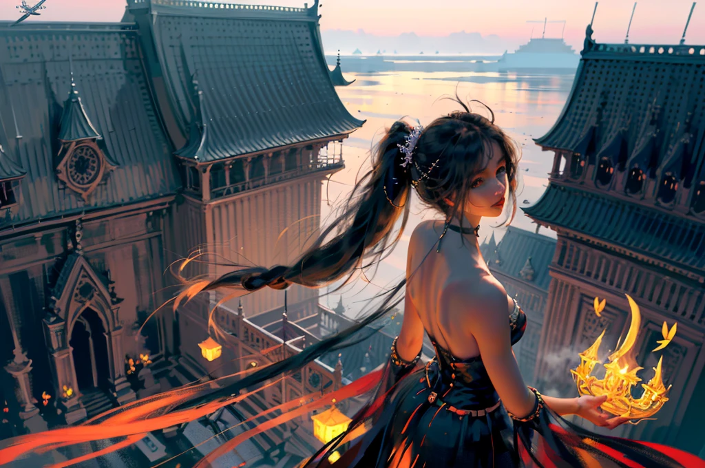 ((masterpiece)), ((best quality)), 8k, high detailed, ultra-detailed, A girl standing on the rooftop overlooking the city, rooftops, buildings, streets, city lights.(​masterpiece、top-quality、top-quality、Detailed and complex、Official art、Beautifully Aesthetic:1.3)、(1girl in:1.3)、(Fractal Art:1.3)、colourfull、Vivid、Victorian costume, see through, , best quality,ultra high res,, floating flowers, floating hairs, (shining), best lighting, best shadow, Crepuscular rays, foggy, ((rim light)),, pastel color, warm light,The overall effect is one of timeless elegance and grace,long hair,r hair waist length Super realistic well detailed, masterpiece, best quality, {best quality}, {{masterpiece}}, {highres}, focus, back-less dress,  long hair, hair waist length, speed paint