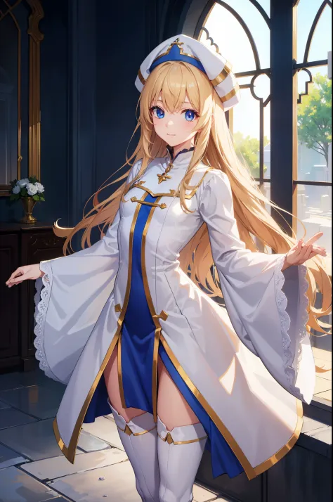 priestess, priestess, blonde hair, blue eyes, long hair, hair between eyes, (small breast:1.2), smile, break boots, dress, frill...