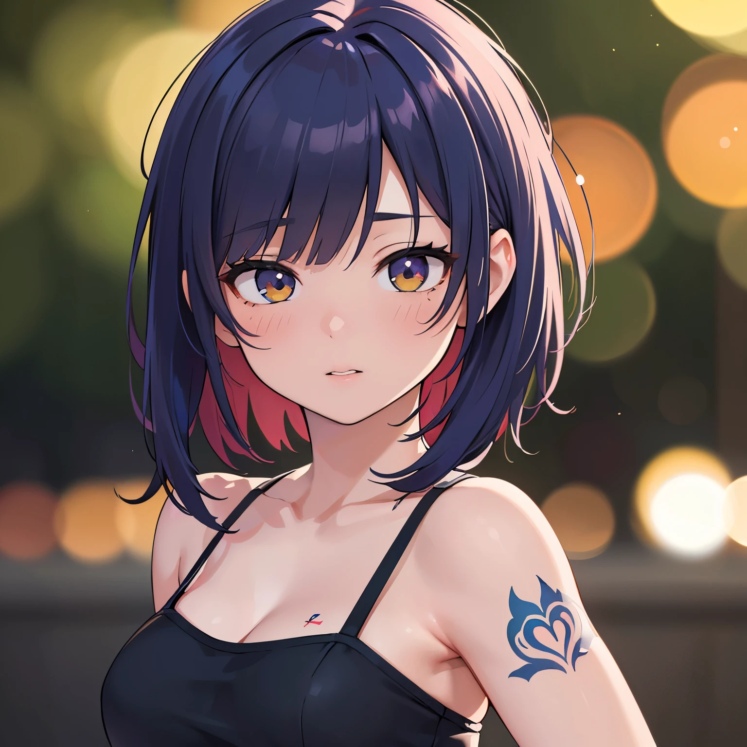 (Best Quality,4k,8K,hight resolution,Masterpiece:1.2), Ultra-detailed, (Realistic,photoRealistic,photo-Realistic:1.37), Cute, Sexy, woman's, arm behind back, Colored hair, Tatoo, bright colours, soft-lighting, bokeh