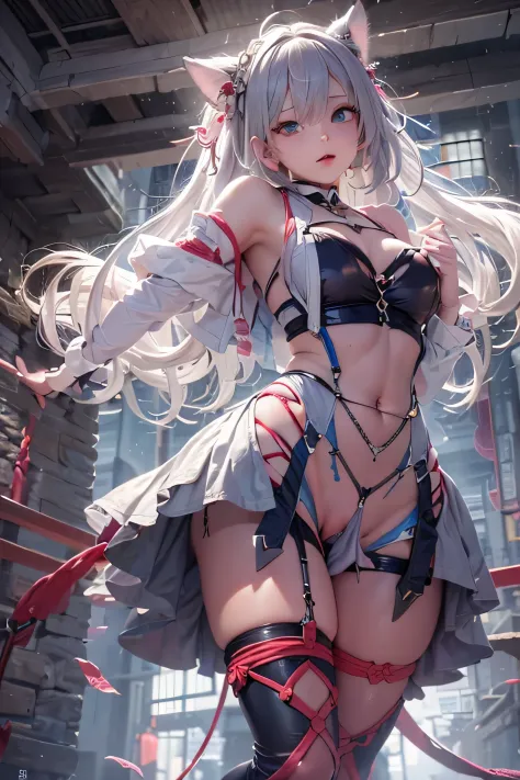 (top-quality,8K picture quality,​masterpiece:1.3),23-year-old woman,(Bondage underwear,a miniskirt,Stockings,a choker,long boots:1.2),(shoulder-length hair,White hair:1.1,Blue eyes),(Back alley:1.2),(ssmile:1.1), (View from below:1.4), (Small butt:1.2), (o...