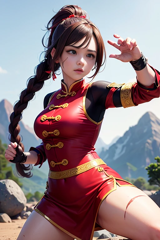 Lei Kugo Vivez un live, qipao, vêtements chinois, vêtements traditionnels, pose d&#39;action, tout le corps, cheveux bruns, cheveux tressés, cicatrices sur le visage, Arts martiaux, pose d&#39;action,Lei Kugo, Vivez un live, (1fille), seins moyens, ((red vêtements chinois)), vagabond, vêtements traditionnels, vêtements de combattant, gantelets, gants de coude, Gants sans doigts, bas, tout le corps,(( cheveux bruns)), queue de cheval, cheveux tressés, (((cicatrices sur le visage)) , chiffre de sablier, femelle, visage propre, tête humaine, Proportion humaine, bonne proportion, Forme corporelle normale, pose d&#39;action, Arts martiaux, Kung-Fu, arrière-plan, montagne, chinois impérial,