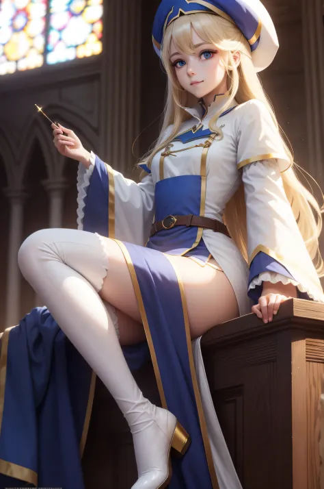 priestess, priestess, blonde hair, blue eyes, long hair, hair between eyes, (small breast:1.0), smile, BREAK boots, dress, frill...