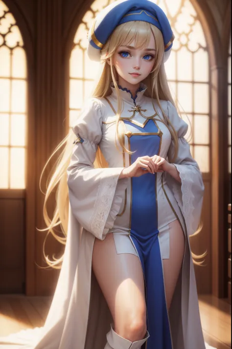 priestess, priestess, blonde hair, blue eyes, long hair, hair between eyes, (small breast:1.0), smile, BREAK boots, dress, frill...