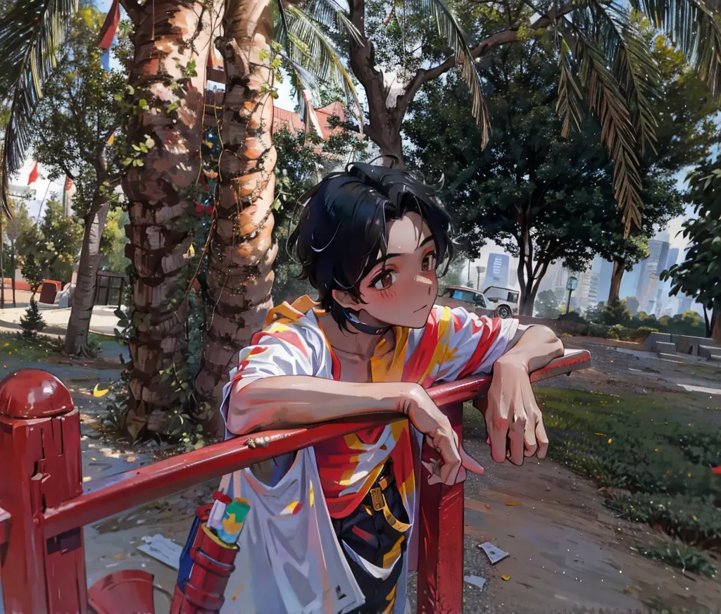 boy leaning on a red metal bar in a park, loli, en un parque, lindo chico emo, peruvian boy looking, boy has short black hair, 1...