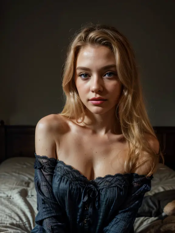 photo of young and beautiful woman, blonde hair that falls gently in waves up to the shoulders, average height, big blue eyes, fair skin, she's in her black pajamas, she's on a bed, doing skin care before bed, The environment is illuminated with lights of ...