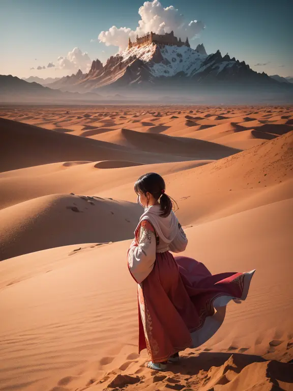 buddhist girl praying in the desert., mountains, nubes, dunas, serene and peaceful atmosphere, suave luz solar dorada, sand part...