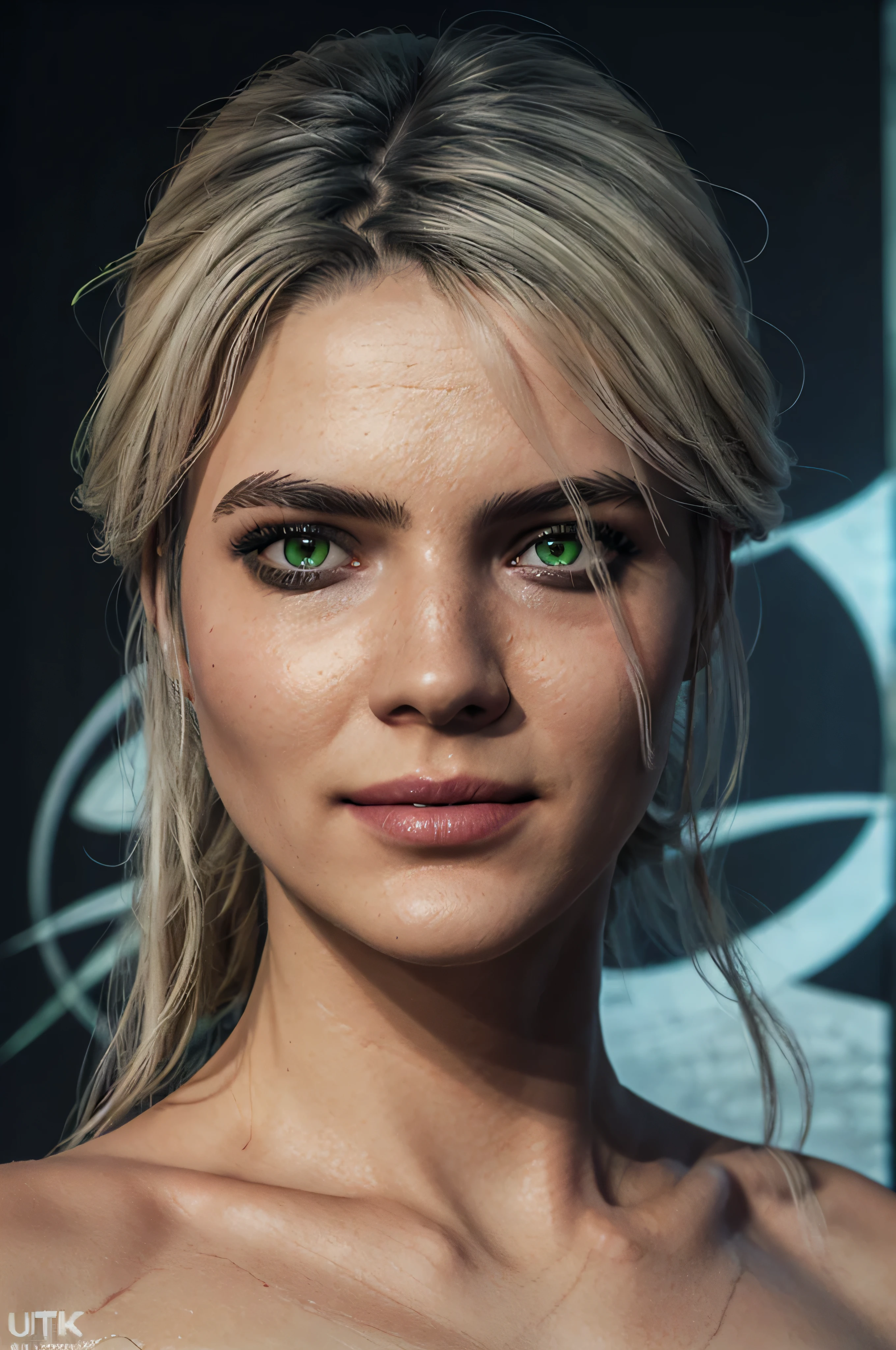 A woman with green eyes and a black dress posing for a picture - SeaArt AI