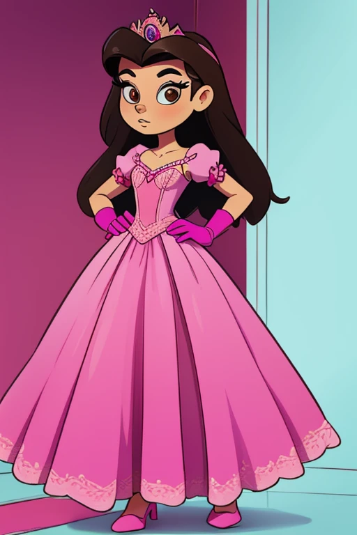 jun juniper lee, asian american, dark hair, long dark hair brown eyes, wearing a dress, pink dress, pink princess dress, princess dress, long dress, gloves, pink gloves, long gloves, front view, great anatomy, great coloring , full body on frame, small breasts, tiny breasts, perfect eyes, detailed eyes, great coloring,